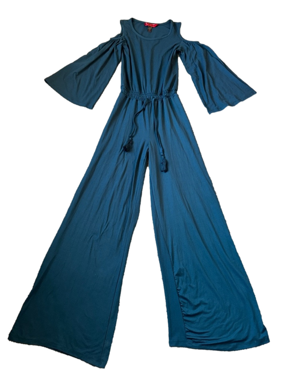Hot Kiss Teal Cold Shoulder Wide Leg Jumpsuit Boho Tie Waist SIZE S NWT
